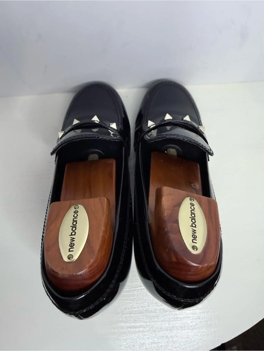 Marc Fisher Black Patent Loafers Silver Pyramid Studs Block Heel Pumps Size 9M
